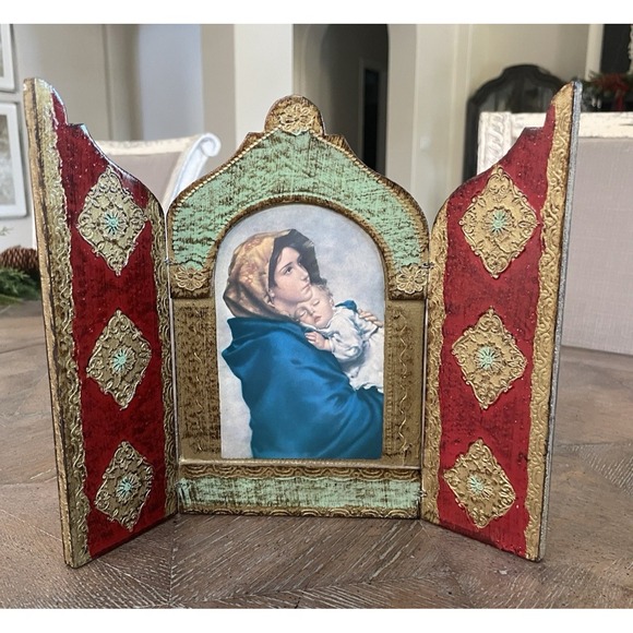 Vtg Italian Florentine TriptychGiltReligious Alter Icon Madonna Italy‎ 8.5